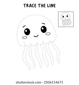 Jellyfish coloring pages for kids. Trace and color jellyfish. Coloring page outline of jellyfish. Jellyfish tracing worksheet. Kindergarten and preschool activity.