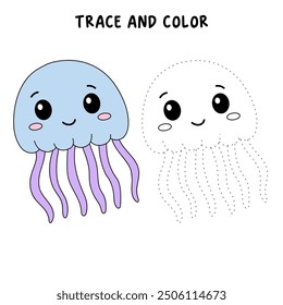 Jellyfish coloring pages for kids. Trace and color jellyfish. Coloring page outline of jellyfish. Jellyfish tracing worksheet. Kindergarten and preschool activity.