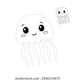 Jellyfish coloring pages for kids. Trace and color jellyfish. Coloring page outline of jellyfish. Jellyfish tracing worksheet. Kindergarten and preschool activity.