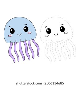 Jellyfish coloring pages for kids. Trace and color jellyfish. Coloring page outline of jellyfish. Jellyfish tracing worksheet. Kindergarten and preschool activity.