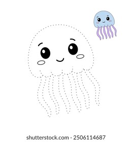 Jellyfish coloring pages for kids. Trace and color jellyfish. Coloring page outline of jellyfish. Jellyfish tracing worksheet. Kindergarten and preschool activity.