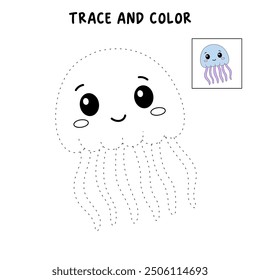 Jellyfish coloring pages for kids. Trace and color jellyfish. Coloring page outline of jellyfish. Jellyfish tracing worksheet. Kindergarten and preschool activity.