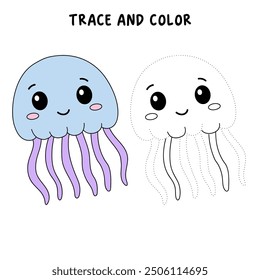 Jellyfish coloring pages for kids. Trace and color jellyfish. Coloring page outline of jellyfish. Jellyfish tracing worksheet. Kindergarten and preschool activity.