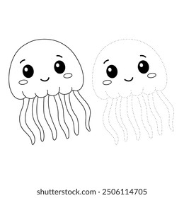 Jellyfish coloring pages for kids. Trace and color jellyfish. Coloring page outline of jellyfish. Jellyfish tracing worksheet. Kindergarten and preschool activity.