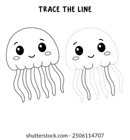 Jellyfish coloring pages for kids. Trace and color jellyfish. Coloring page outline of jellyfish. Jellyfish tracing worksheet. Kindergarten and preschool activity.