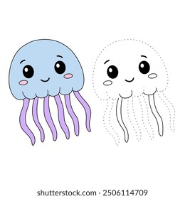 Jellyfish coloring pages for kids. Trace and color jellyfish. Coloring page outline of jellyfish. Jellyfish tracing worksheet. Kindergarten and preschool activity.