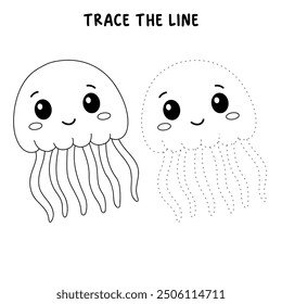 Jellyfish coloring pages for kids. Trace and color jellyfish. Coloring page outline of jellyfish. Jellyfish tracing worksheet. Kindergarten and preschool activity.