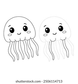 Jellyfish coloring pages for kids. Trace and color jellyfish. Coloring page outline of jellyfish. Jellyfish tracing worksheet. Kindergarten and preschool activity.