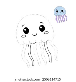 Jellyfish coloring pages for kids. Trace and color jellyfish. Coloring page outline of jellyfish. Jellyfish tracing worksheet. Kindergarten and preschool activity.