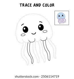 Jellyfish coloring pages for kids. Trace and color jellyfish. Coloring page outline of jellyfish. Jellyfish tracing worksheet. Kindergarten and preschool activity.