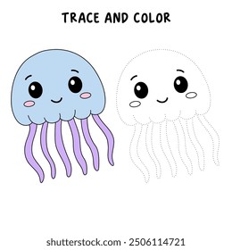 Jellyfish coloring pages for kids. Trace and color jellyfish. Coloring page outline of jellyfish. Jellyfish tracing worksheet. Kindergarten and preschool activity.