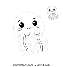 Jellyfish coloring pages for kids. Trace and color jellyfish. Coloring page outline of jellyfish. Jellyfish tracing worksheet. Kindergarten and preschool activity.