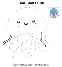 Jellyfish coloring pages for kids. Trace and color jellyfish. jellyfish animal flashcard for kids vector illustration. Letters J is for jellyfish. Fun animal worksheets printable for kids activity.