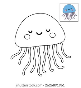 Jellyfish coloring pages for kids. Trace and color jellyfish. jellyfish animal flashcard for kids vector illustration. Letters J is for jellyfish. Fun animal worksheets printable for kids activity.