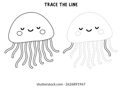 Jellyfish coloring pages for kids. Trace and color jellyfish. jellyfish animal flashcard for kids vector illustration. Letters J is for jellyfish. Fun animal worksheets printable for kids activity.