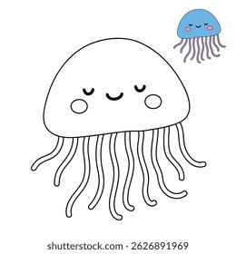 Jellyfish coloring pages for kids. Trace and color jellyfish. jellyfish animal flashcard for kids vector illustration. Letters J is for jellyfish. Fun animal worksheets printable for kids activity.