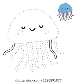 Jellyfish coloring pages for kids. Trace and color jellyfish. jellyfish animal flashcard for kids vector illustration. Letters J is for jellyfish. Fun animal worksheets printable for kids activity.