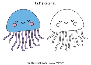 Jellyfish coloring pages for kids. Trace and color jellyfish. jellyfish animal flashcard for kids vector illustration. Letters J is for jellyfish. Fun animal worksheets printable for kids activity.