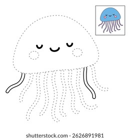 Jellyfish coloring pages for kids. Trace and color jellyfish. jellyfish animal flashcard for kids vector illustration. Letters J is for jellyfish. Fun animal worksheets printable for kids activity.
