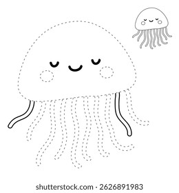 Jellyfish coloring pages for kids. Trace and color jellyfish. jellyfish animal flashcard for kids vector illustration. Letters J is for jellyfish. Fun animal worksheets printable for kids activity.