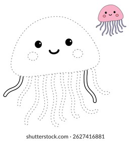 Jellyfish coloring pages for kids. Trace and color jellyfish. jellyfish animal flashcard for kids vector illustration. Letters J is for jellyfish. Fun animal worksheets printable for summer activity.