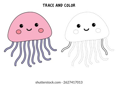 Jellyfish coloring pages for kids. Trace and color jellyfish. jellyfish animal flashcard for kids vector illustration. Letters J is for jellyfish. Fun animal worksheets printable for summer activity.