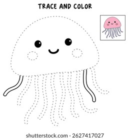 Jellyfish coloring pages for kids. Trace and color jellyfish. jellyfish animal flashcard for kids vector illustration. Letters J is for jellyfish. Fun animal worksheets printable for summer activity.