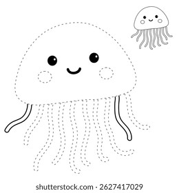 Jellyfish coloring pages for kids. Trace and color jellyfish. jellyfish animal flashcard for kids vector illustration. Letters J is for jellyfish. Fun animal worksheets printable for summer activity.
