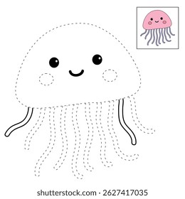 Jellyfish coloring pages for kids. Trace and color jellyfish. jellyfish animal flashcard for kids vector illustration. Letters J is for jellyfish. Fun animal worksheets printable for summer activity.