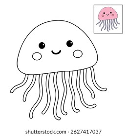 Jellyfish coloring pages for kids. Trace and color jellyfish. jellyfish animal flashcard for kids vector illustration. Letters J is for jellyfish. Fun animal worksheets printable for summer activity.