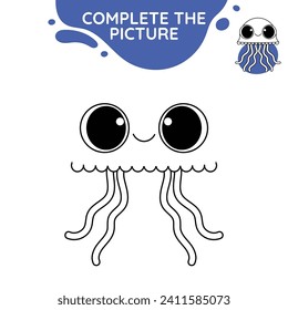 jellyfish complete the picture incomplate line drawing activity cute outline illustration suitable for coloring books page for children black white educational printable preschool