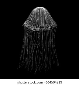 Jellyfish composed by white lines and dots. Stylish design. Abstract illustration. Vector.