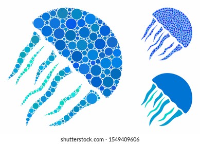 Jellyfish composition of small circles in different sizes and color tones, based on jellyfish icon. Vector random circles are grouped into blue composition.