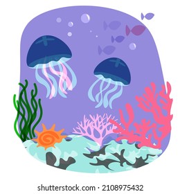 Jellyfish, coral, algae in vector illustration on purple background. Underwater wildlife in ocean tropical reef.