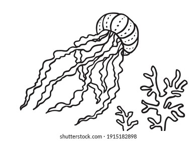 Jellyfish and coral in the ocean. Can be used for coloring book for kids. Vector illustration.