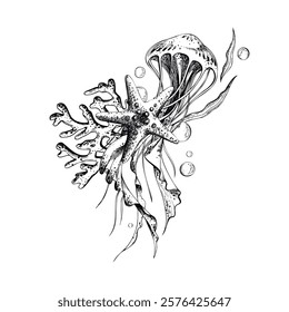 Jellyfish, coral, starfish and bubbles. Hand drawn graphic illustration in black and white color line art. Sublimation arrangement on marine theme