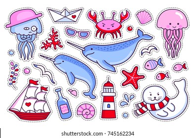 Jellyfish, crab, fur seal, starfish, fish, narwhal, sea shell, lighthouse, ship, bottle, seagull. Collection of sea stickers, patches, badges, pins. Vector isolated illustration.