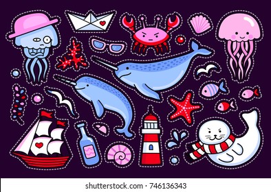 Jellyfish, crab, fur seal, starfish, fish, narwhal, sea shell, lighthouse, ship, bottle, seagull. Collection of sea stickers, patches, badges, pins. Vector isolated illustration.
