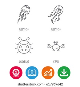 Jellyfish, crab and ladybug icons. Ladybird linear sign. Award medal, growth chart and opened book web icons. Download arrow. Vector