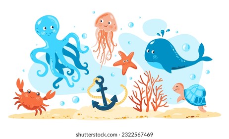 Jellyfish, crab, turtle, octopus, coral, starfish, shell, whale, anchor.
Marine set with sea creatures for girls and boys, for baby shower and birthday cards, fabric, stationery