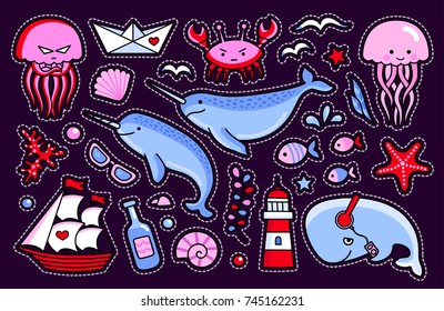 Jellyfish, crab, whale, starfish, fish, narwhal, sea shell, lighthouse, ship, bottle, seagull. Collection of sea stickers, patches, badges, pins. Vector isolated illustration.