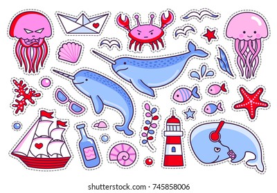 Jellyfish, crab, whale, starfish, fish, narwhal, sea shell, lighthouse, ship, bottle, seagull. Collection of sea stickers, patches, badges, pins. Vector isolated illustration.