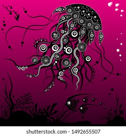 Jellyfish creative underwater life pattern with pink background. Vector artistic illustration.