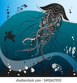 Jellyfish creative underwater life pattern with blue background. Vector artistic illustration.