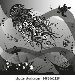 Jellyfish creative underwater life pattern with grey background. Vector artistic illustration.