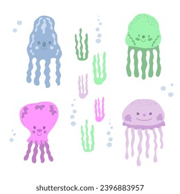 Jellyfish in a cute hand-drawn style. Sea animal for children illustration. Vector illustration.