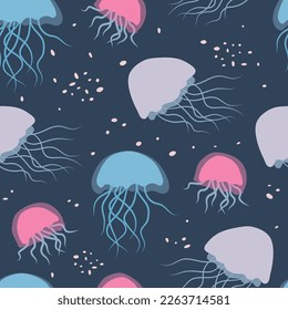 Jellyfish cute seamless pattern, underwater life pastel tones background