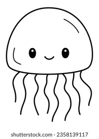 Jellyfish - Cute Smiling Face Cartoon Line Art Vector for Learning Science, Glowing Sea Creature, Aquatic Animals, Marine Life, and Underwater Exploration Visual