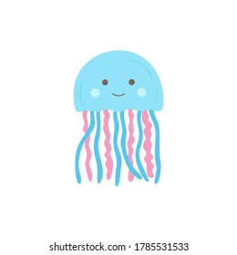 Jellyfish cute vector illustration. Hand drawn ocean, marine, sea blue and pink medusa animal. Isolated.