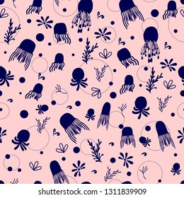 jellyfish and dark blue colored vegetation drawn on a light pink background